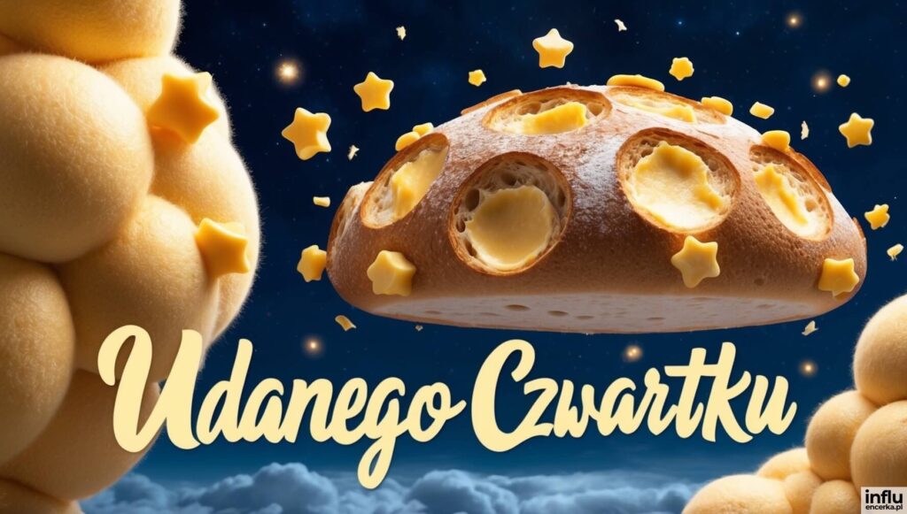 Surrealistyczna kartka, bochen chleba z serem, napis: udane czwartku