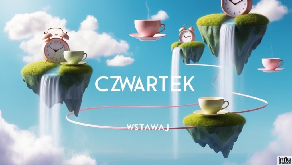 Surrealistyczne zegary i kawa, napis: czwartek, wstawaj