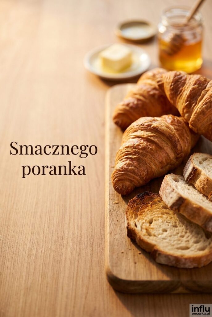 Świeże rogaliki na drewnianej desce w ciepłym świetle z napisem „Smacznego poranka".
