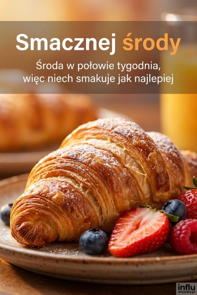 Zdjęcie świeżych rogalików i owoców na talerzu z napisem Smacznej środy