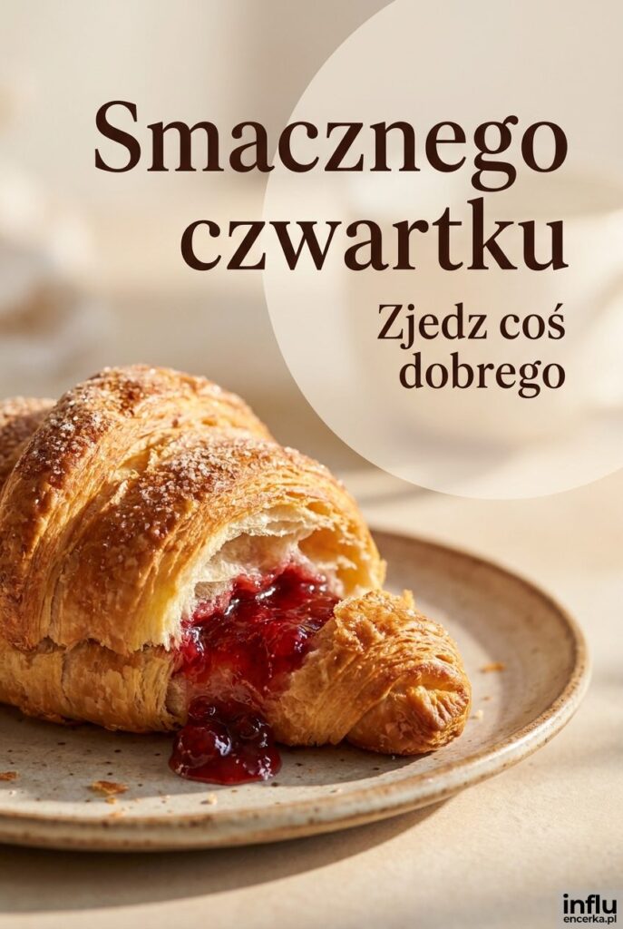 Świeży rogalik z dżemem na talerzu w porannym świetle z napisem Smacznego czwartku