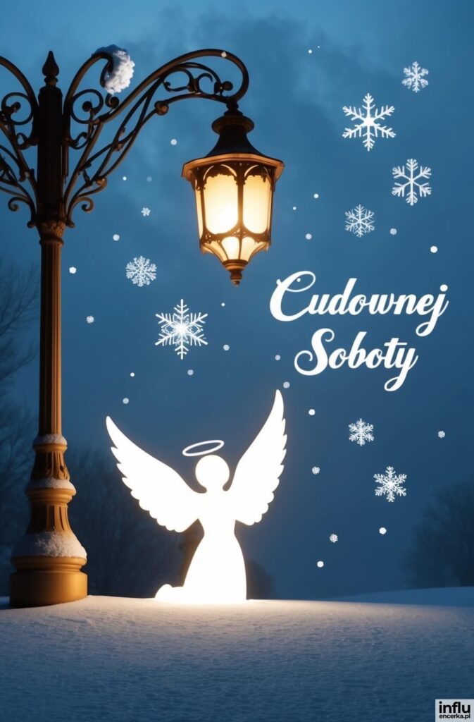 Świecący anioł i latarnia uliczna w zimowej scenerii z płatkami śniegu oraz napisem „Cudownej Soboty”