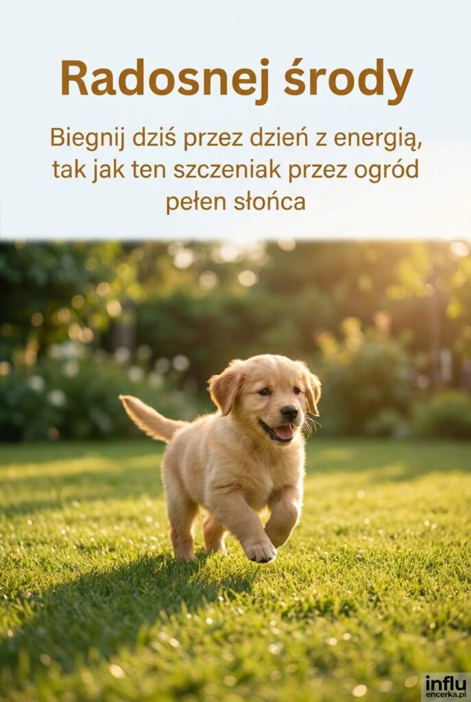 Szczeniak biegnący po trawniku w słonecznym świetle z napisem Radosnej środy