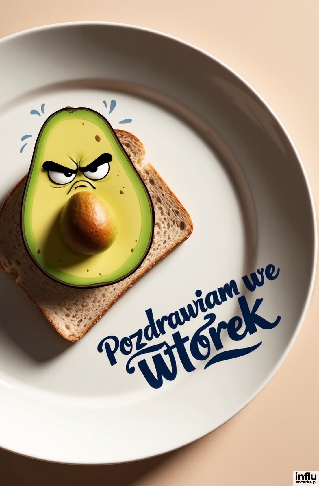 Awokado z groźną miną na toście, pozdrowienia na wtorek