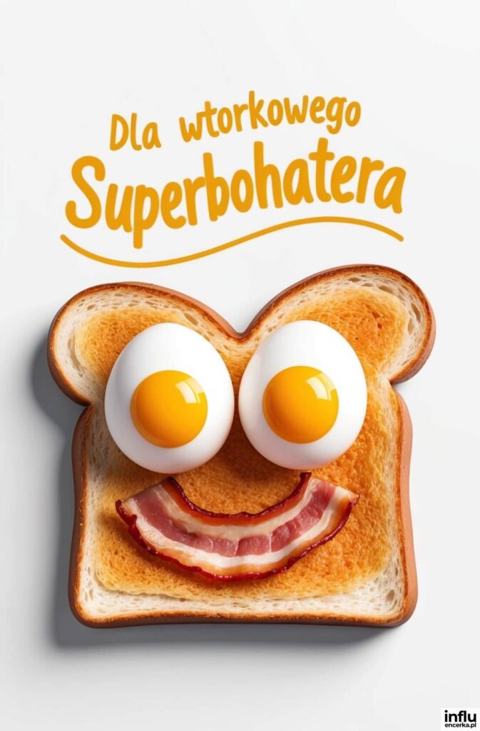 Tost z jajkami sadzonymi jako oczami i boczkiem jako uśmiechem, z napisem „Dla wtorkowego Superbohatera”