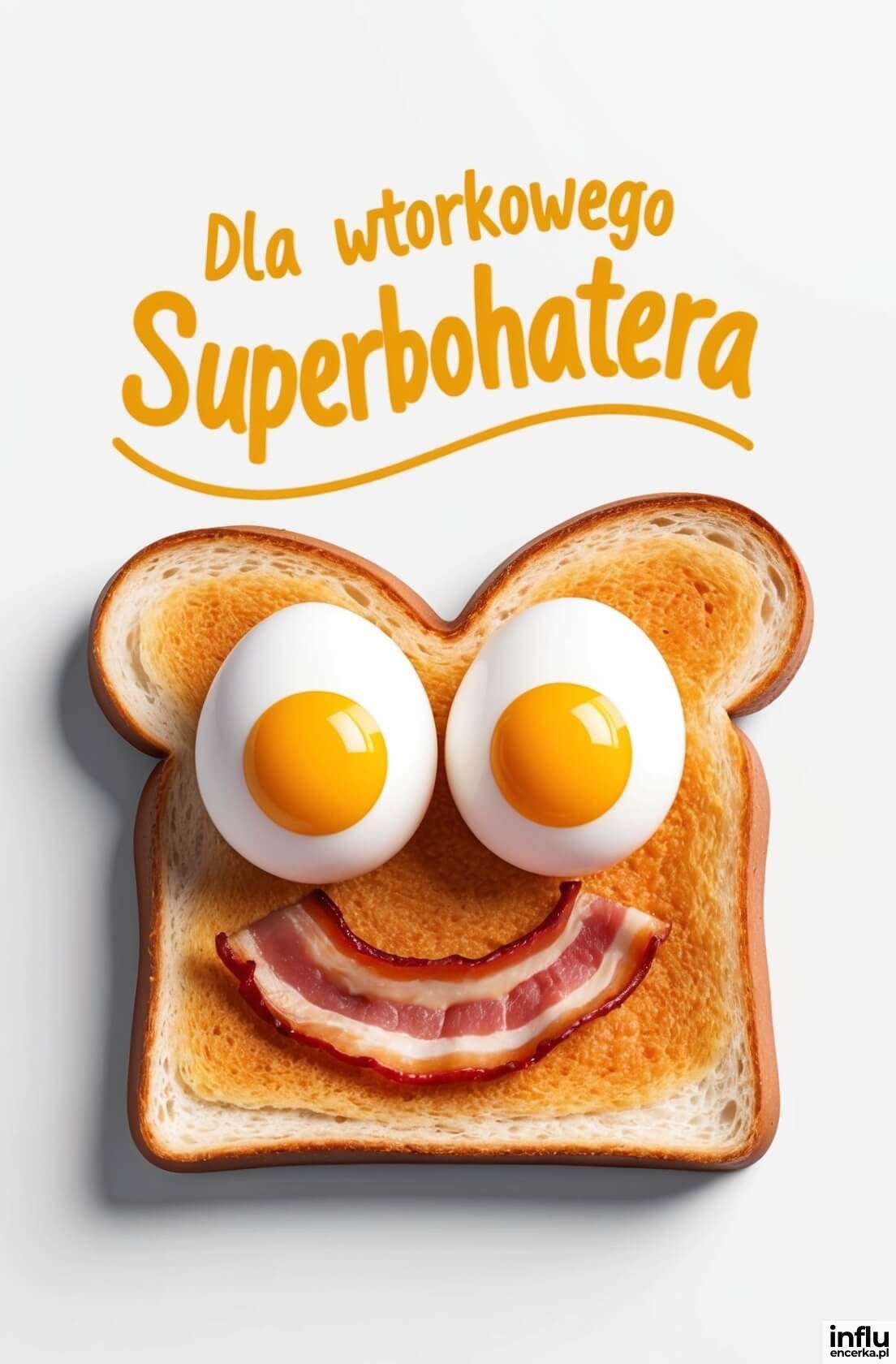 Toast, jajko, bekon ułożona w wesołą postać, napis: dla wtorkowego superbohatera