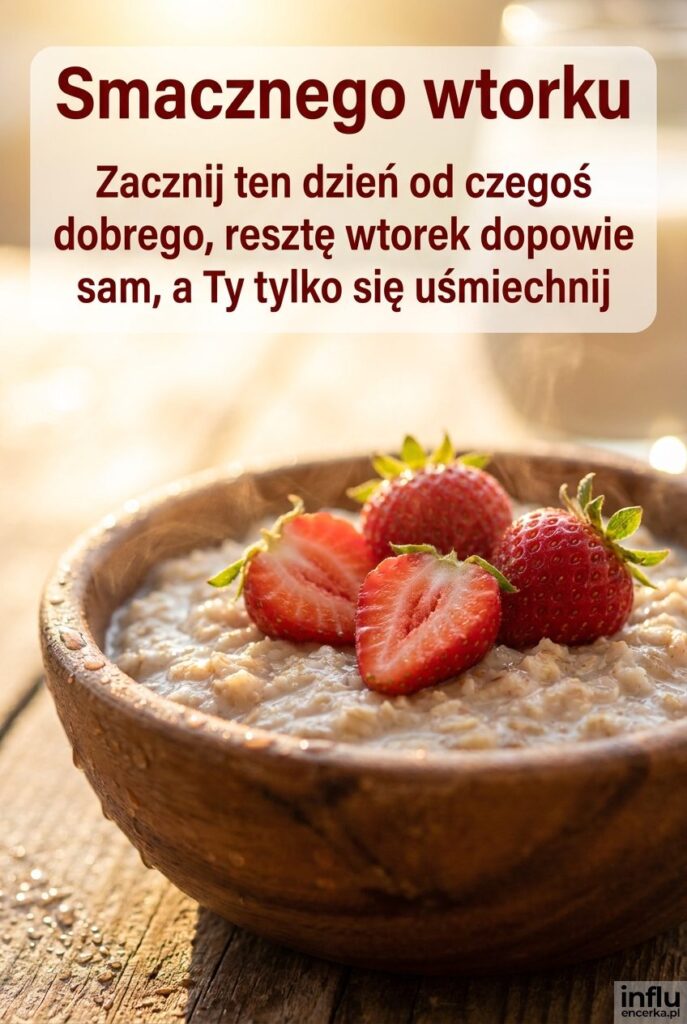 Świeże truskawki i owsianka na stole w porannym świetle, napis Smacznego wtorku