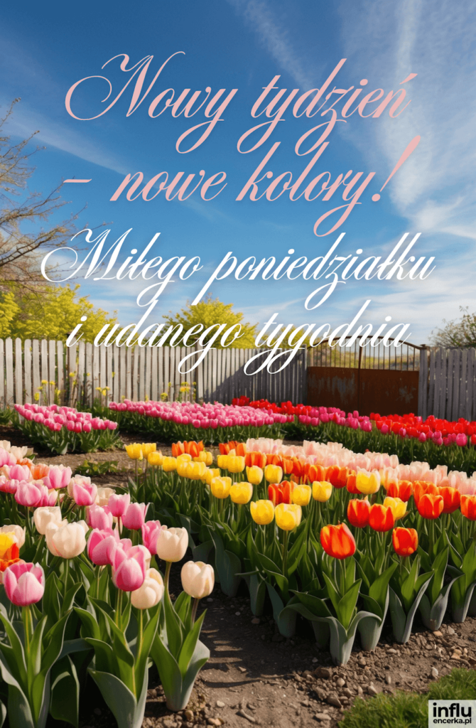 Kolorowe rzędy tulipanów w ogrodzie przy białym płocie pod błękitnym niebem, z napisem „Nowy tydzień – nowe kolory! Miłego poniedziałku i udanego tygodnia”