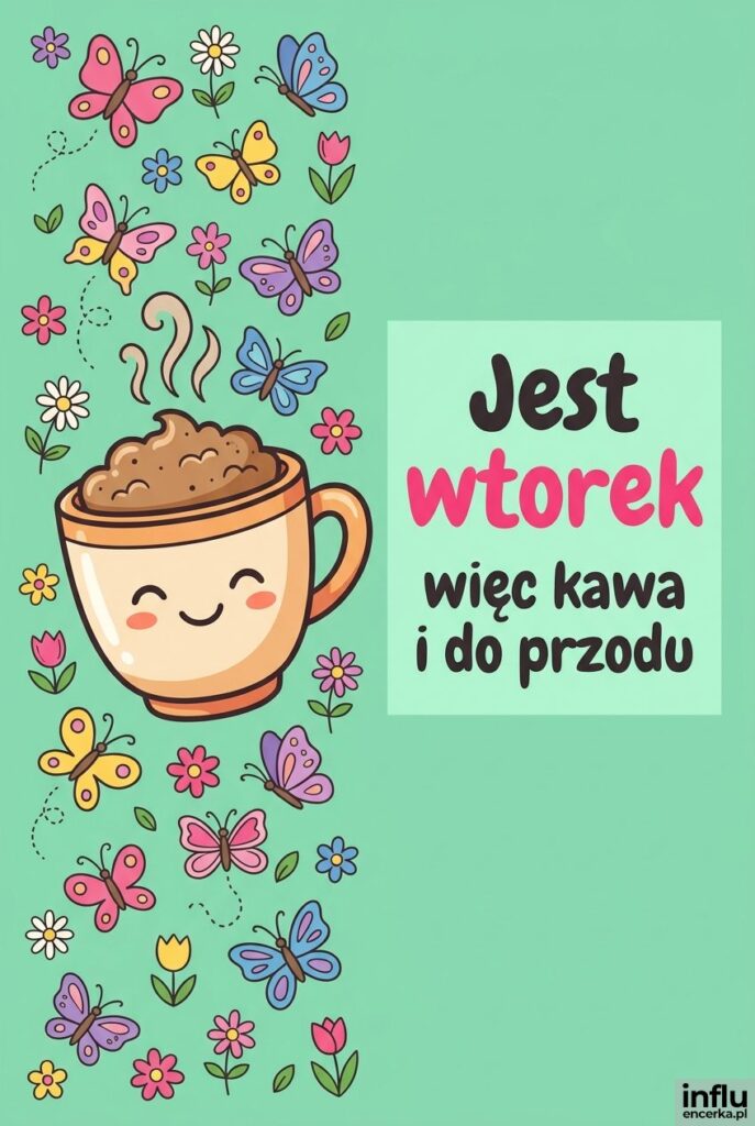 Uśmiechnięta filiżanka kawy z motylami i kwiatkami, napis Jest wtorek