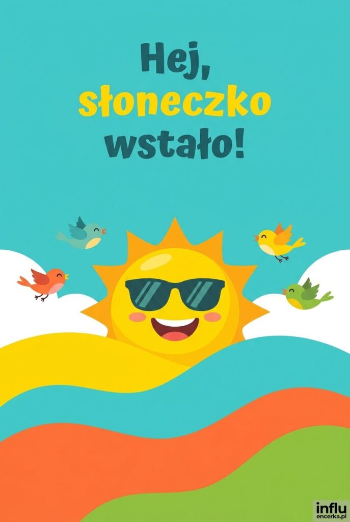 Uśmiechnięte słońce w okularach nad wzgórzami z napisem „Hej, słoneczko wstało!".