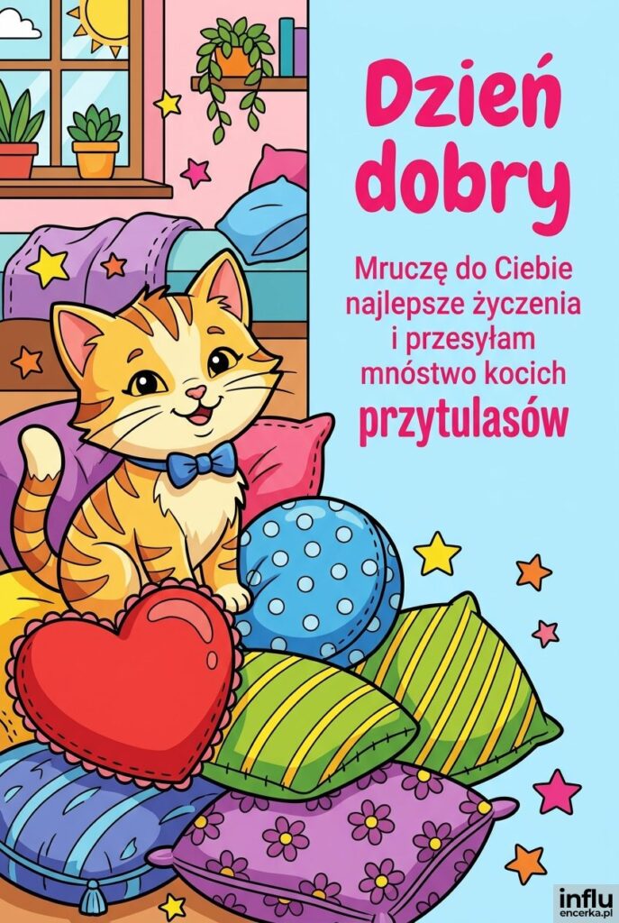 Uśmiechnięty kotek wśród poduszek z napisem Dzień dobry w kolorowej ilustracji