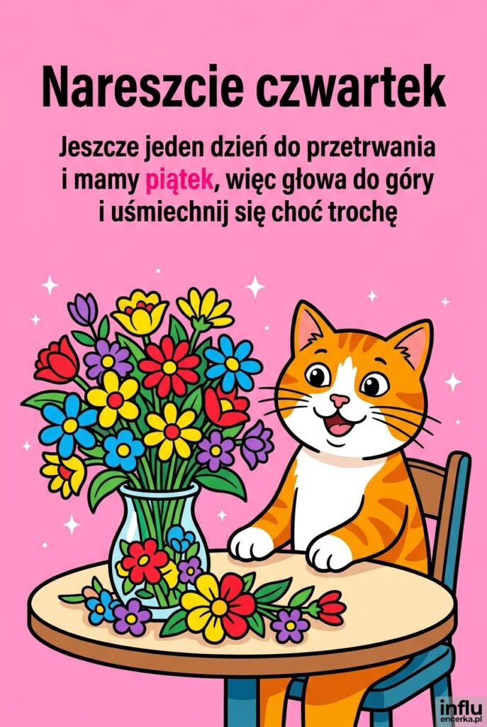 Uśmiechnięty kotek przy stole z kwiatami w wazonie i napisem Nareszcie czwartek