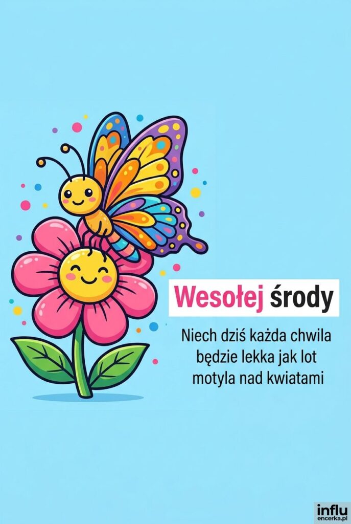 Kolorowa ilustracja motyla na kwiatku z napisem Wesołej środy
