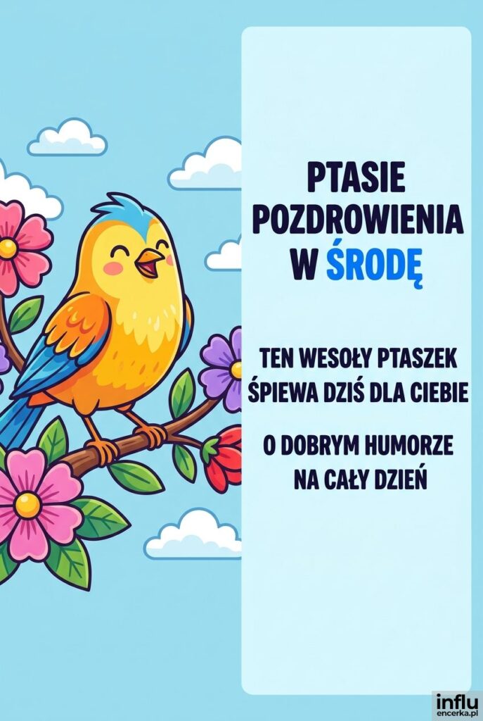 Kolorowa ilustracja uśmiechniętego ptaszka na gałązce z napisem Ptasie pozdrowienia w środę