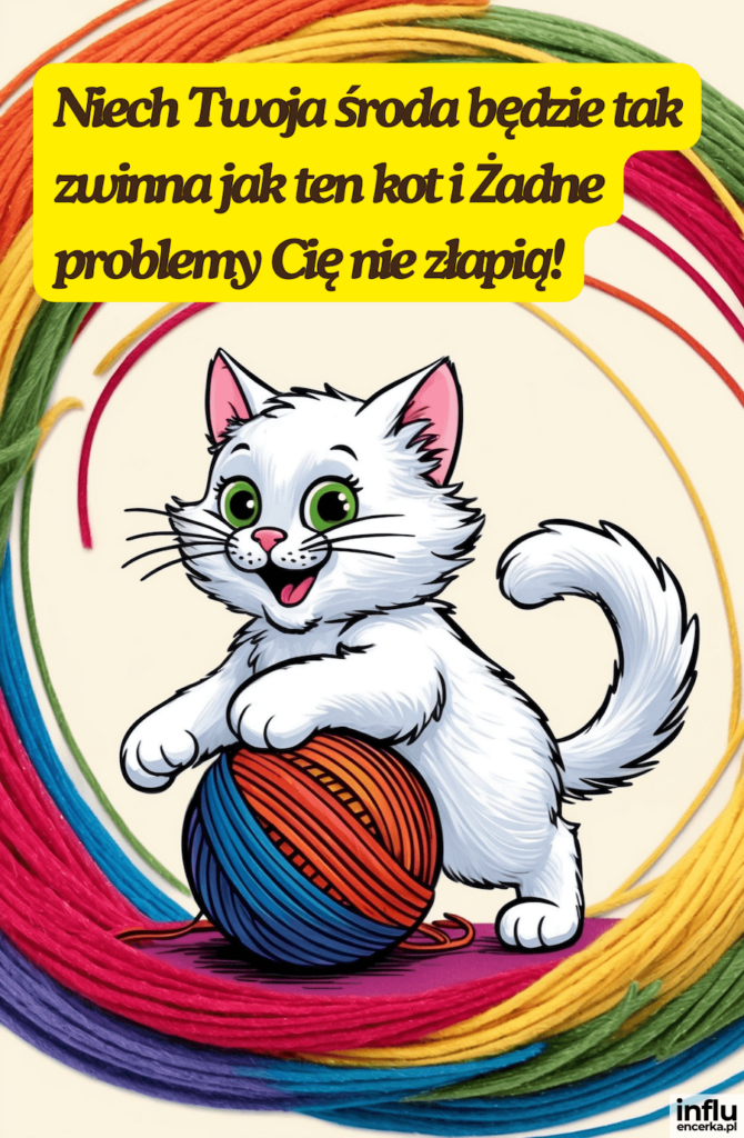 Biały kotek z zielonymi oczami stoi na kłębku kolorowej wełny, otoczony tęczowymi nitkami; napis „Niech Twoja środa będzie tak zwinna jak ten kot i Żadne problemy Cię nie złapią!”
