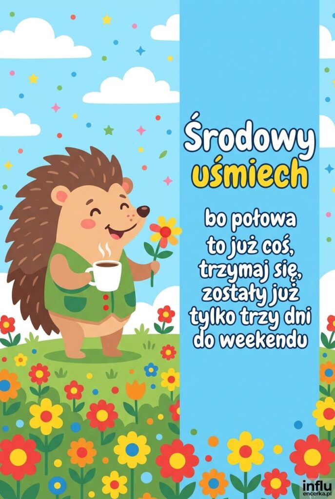 Uśmiechnięty jeż z kubkiem kawy i kwiatkiem na łące, obok napis „Środowy uśmiech" z życzeniami.