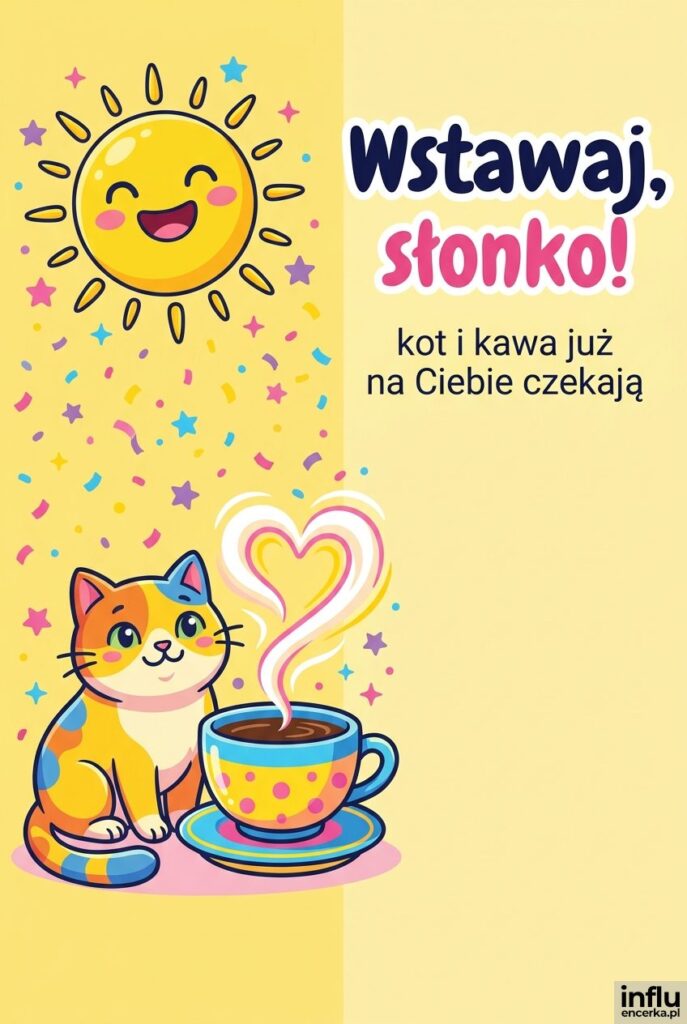 Kreskówkowy kot obok kawy i uśmiechniętego słońca z napisem „Wstawaj, słonko!" w wesołym stylu clipart.