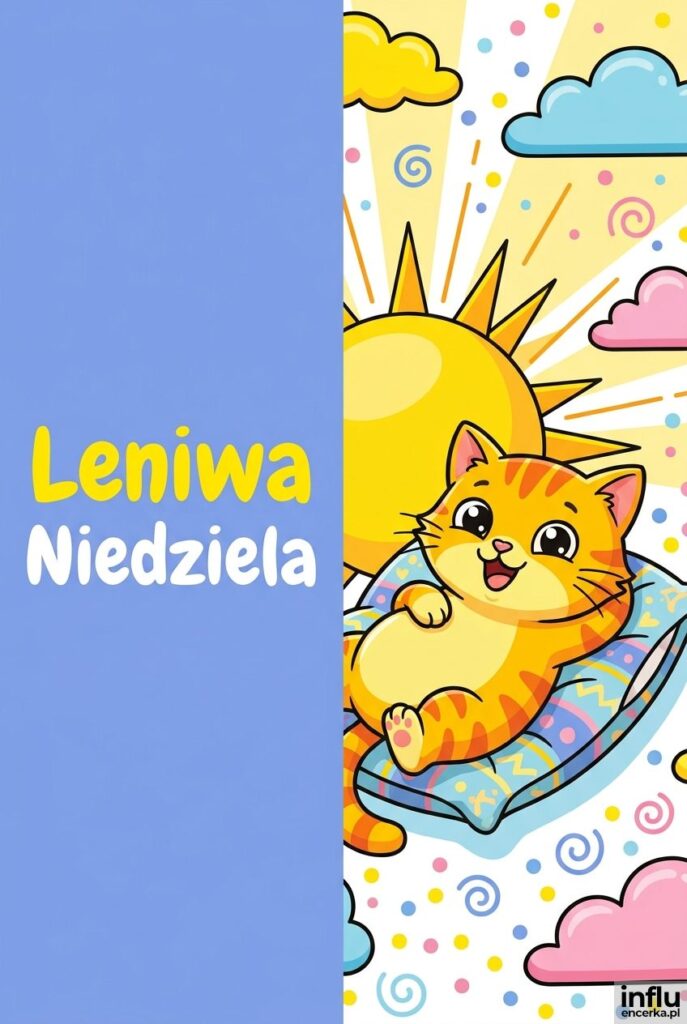 Kolorowa ilustracja leniwego kotka na poduszce z napisem „Leniwa Niedziela".