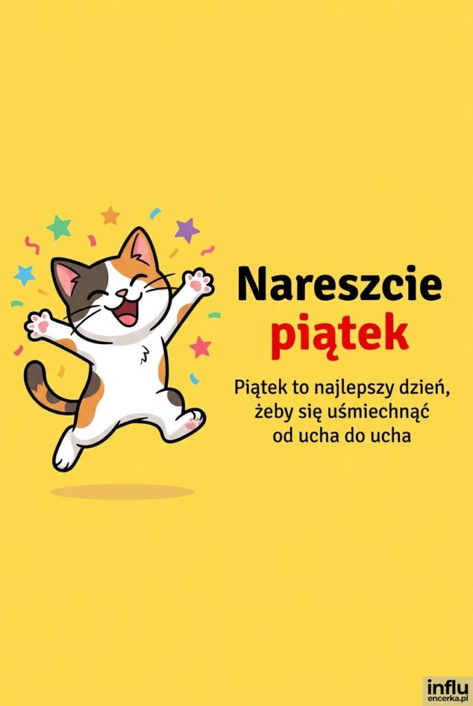 Ilustracja skaczącego z radości kotka na żółtym tle z napisem Nareszcie piątek