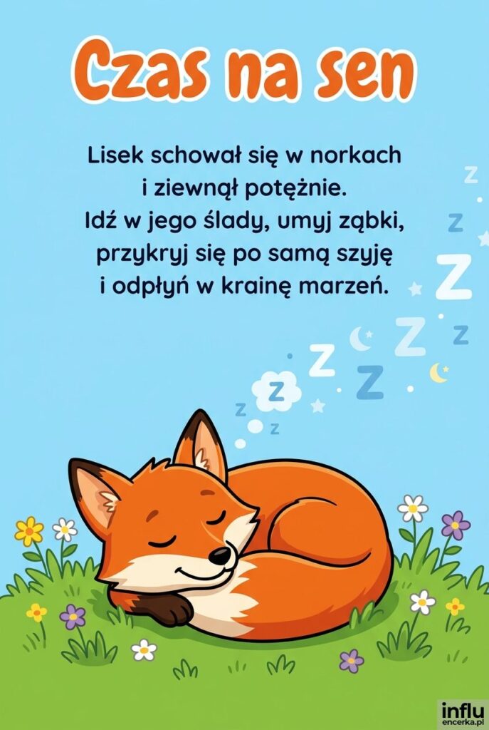 Uroczy rysunkowy śpiący lisek z tekstem „Czas na sen” u góry.