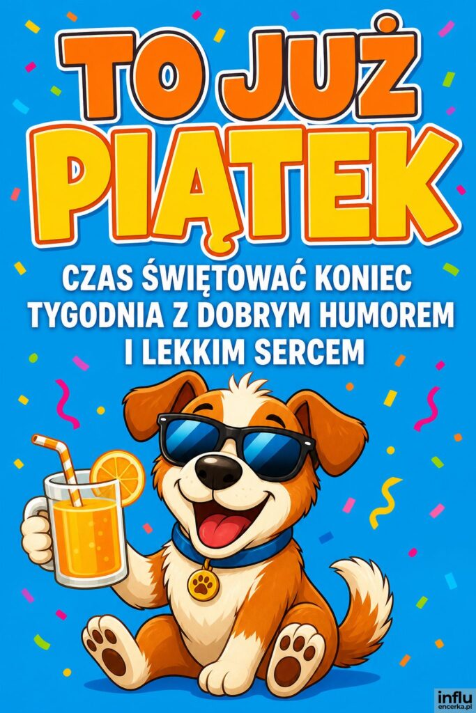 Kreskówkowy pies w okularach słonecznych z napisem To już piątek na błękitnym tle