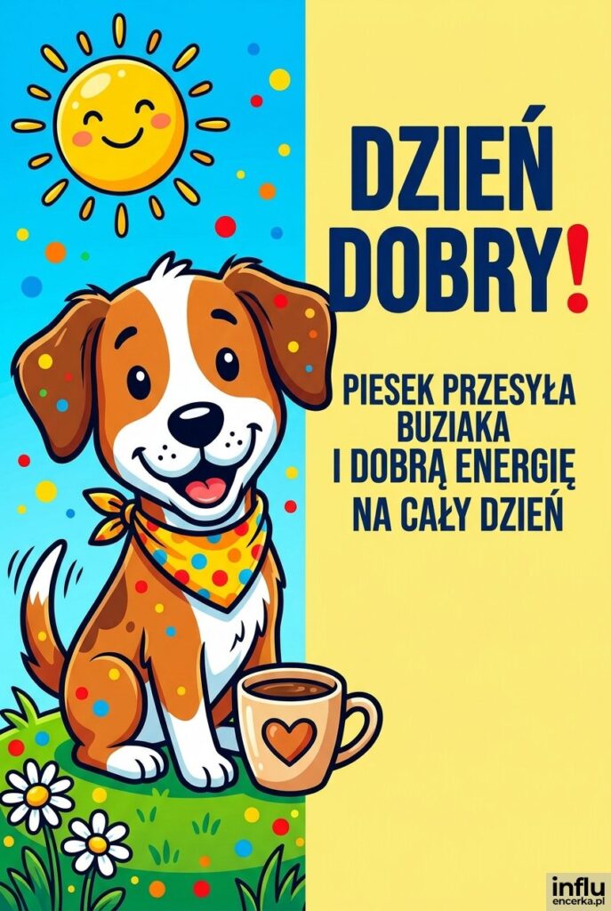Kreskówkowy uśmiechnięty pies z kubkiem kawy na trawniku i napis „Dzień dobry!”.