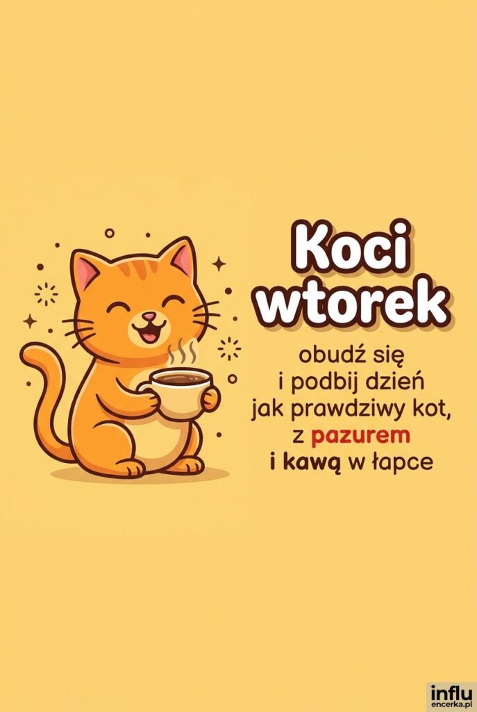 Kreskówkowy rudy kotek z filiżanką kawy na żółtym tle, obok napis „Koci wtorek".