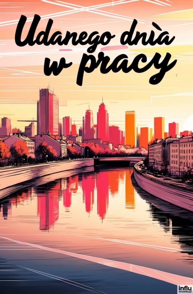 Ilustracja miejskiej panoramy o wschodzie słońca w różowo-pomarańczowej tonacji, z rzeką odbijającą wieżowce i napisem „Udanego dnia w pracy”