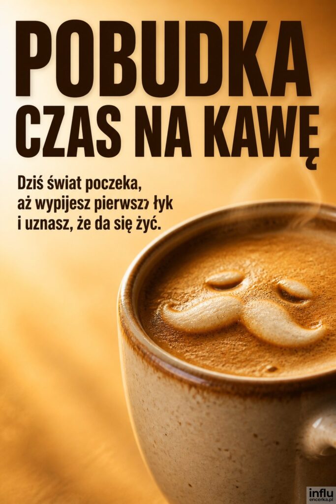 Wielki kubek parującej kawy z mleczną pianką w ciepłym świetle, nagłówek „POBUDKA CZAS NA KAWĘ”.