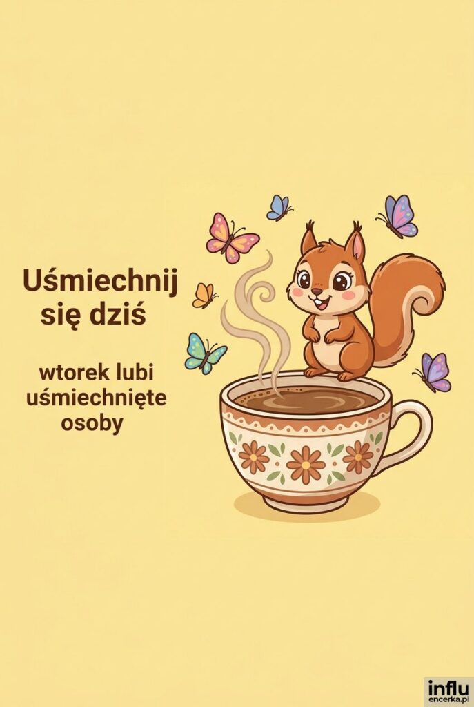 Rysunkowa wiewiórka na filiżance kawy z motylami, napis Uśmiechnij się dziś
