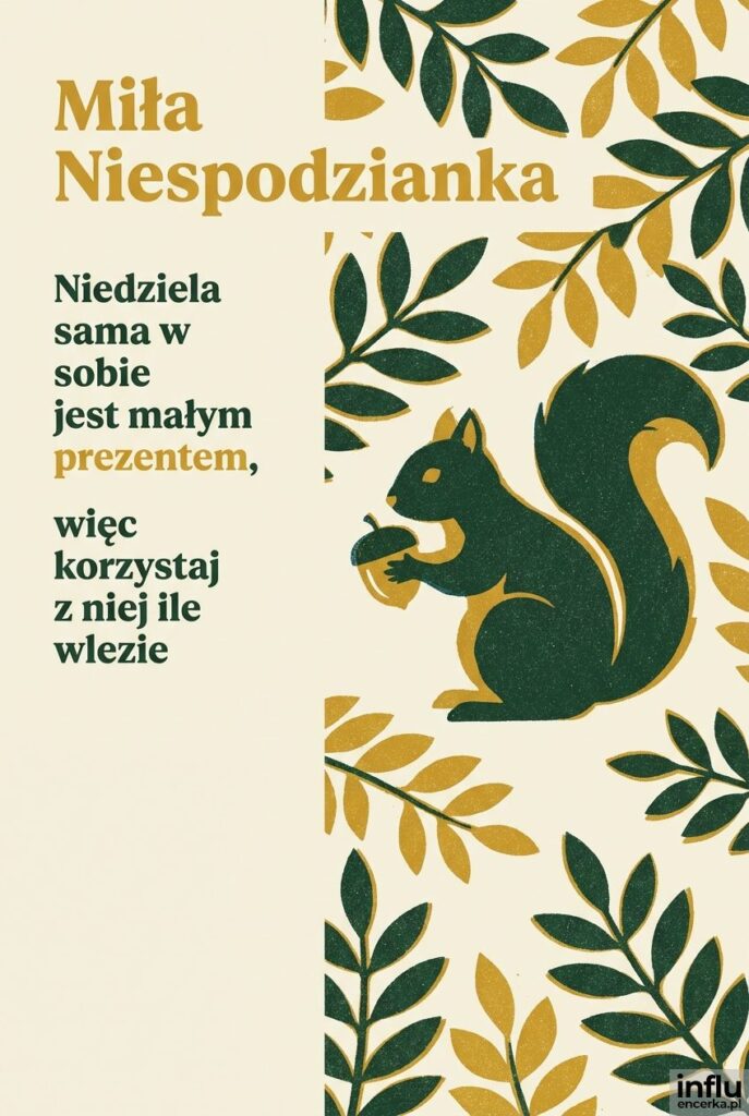 Płaska ilustracja wiewiórki z orzechem w stylu risografu z napisem „Miła Niespodzianka".
