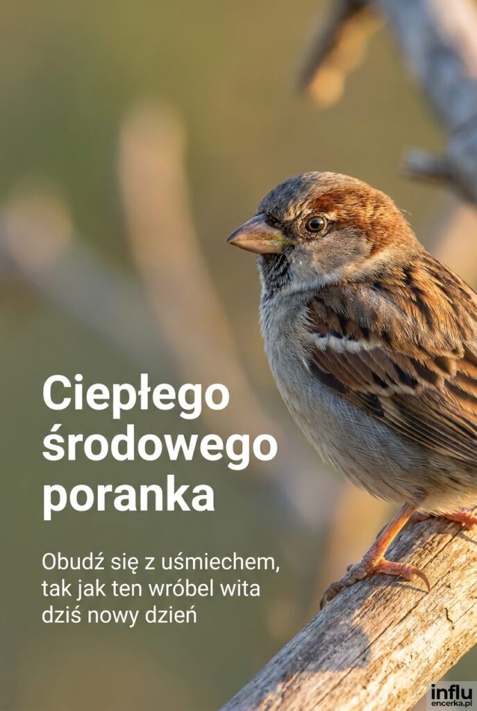 Mały wróbel na gałęzi w porannym świetle z napisem Ciepłego środowego poranka