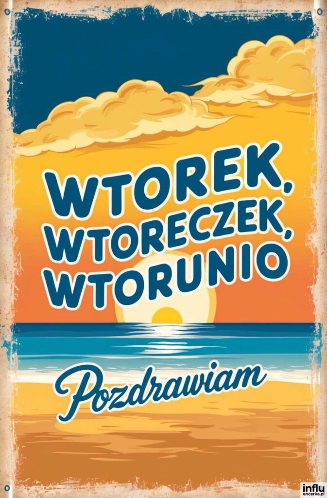 Retro plakat z zachodem słońca nad morzem i napisem „Wtorek, wtoreczek, wtorunio”