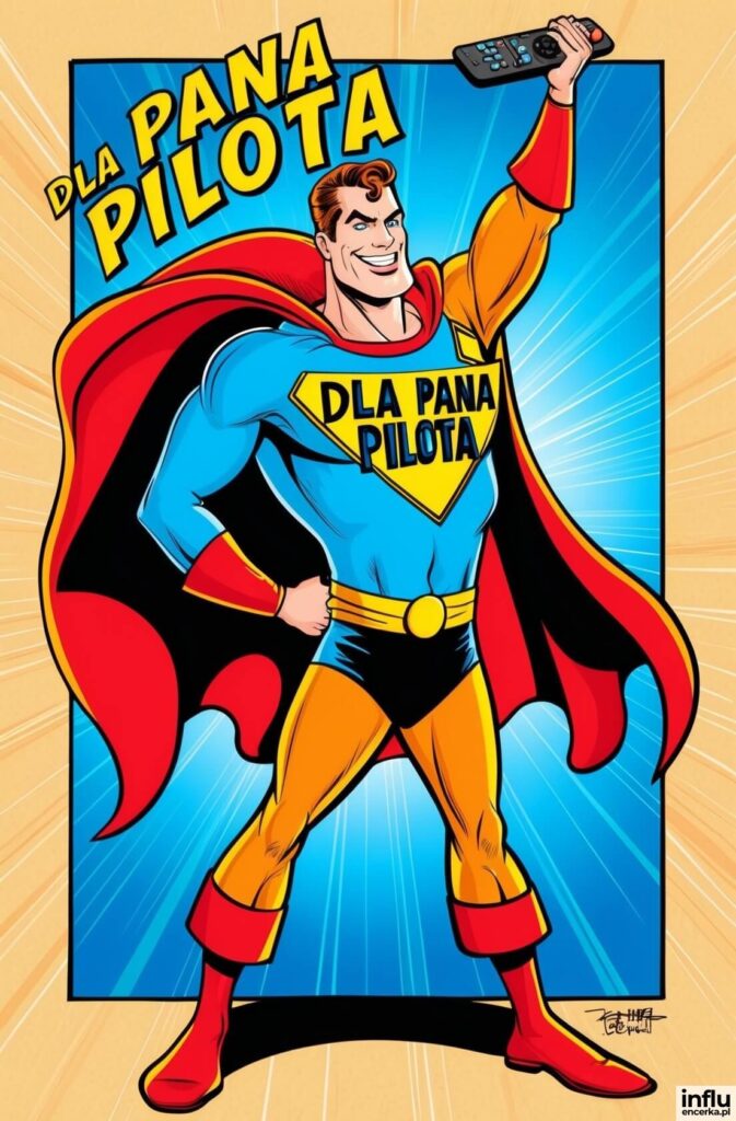 Komiksowy superbohater w niebiesko-czerwonym stroju unosi pilot do telewizora, na piersi napis „Dla Pana Pilota”