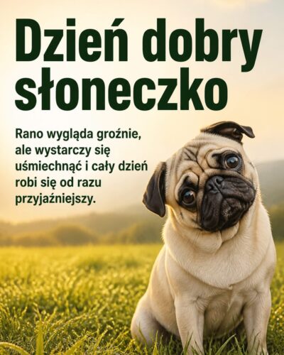 Zabawny mopsik z przekrzywioną głową na porannej łące, nagłówek „Dzień dobry słoneczko” po lewej.