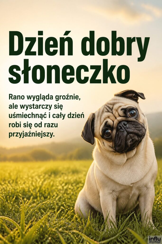 Zabawny mopsik z przekrzywioną głową na porannej łące, nagłówek „Dzień dobry słoneczko” po lewej.