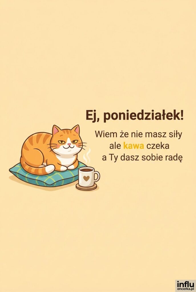 Zaspany kot z filiżanką kawy na pastelowym tle z napisem Ej poniedziałek.