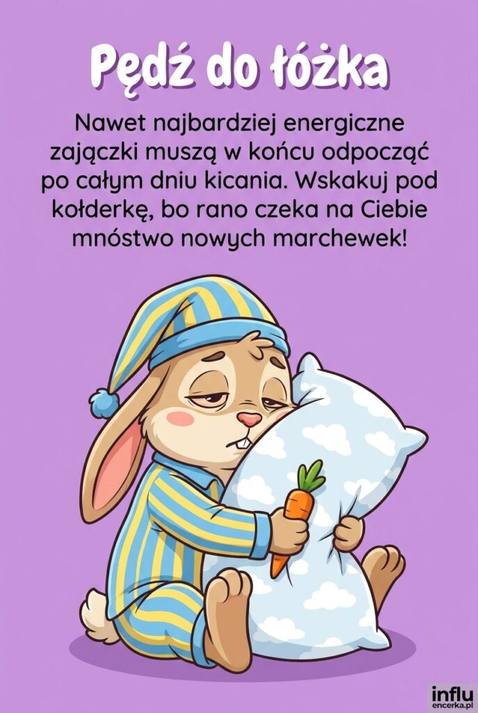 Zabawna ilustracja zmęczonego króliczka w piżamce przypominająca, by pędzić do łóżka.