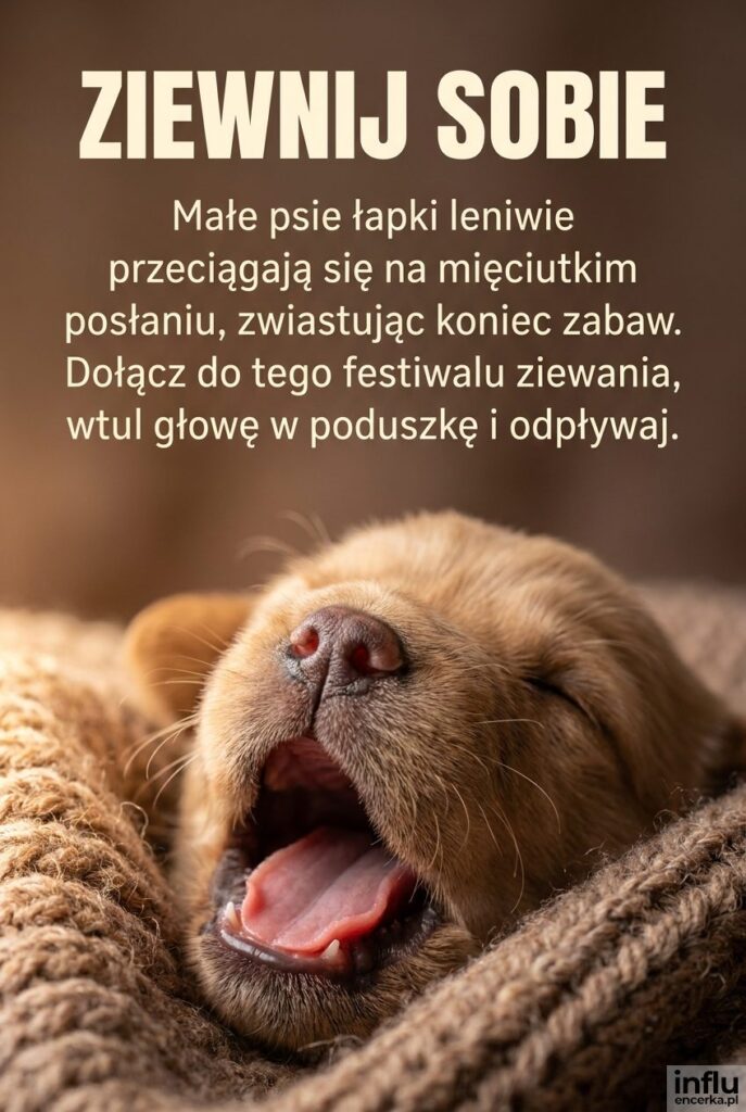 Rozczulające zbliżenie na ziewającego szczeniaka ze słowami „Ziewnij sobie” u góry.