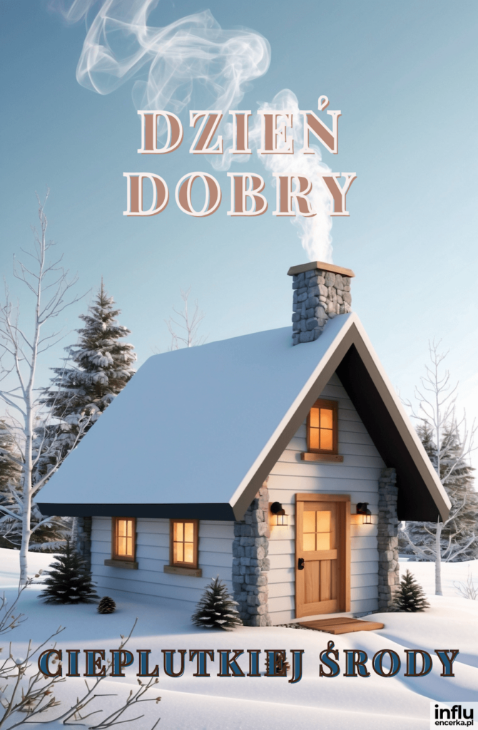 Przytulny domek z kamiennym kominem i dymiącym kominem otoczony ośnieżonymi jodłami, z napisami „Dzień dobry”