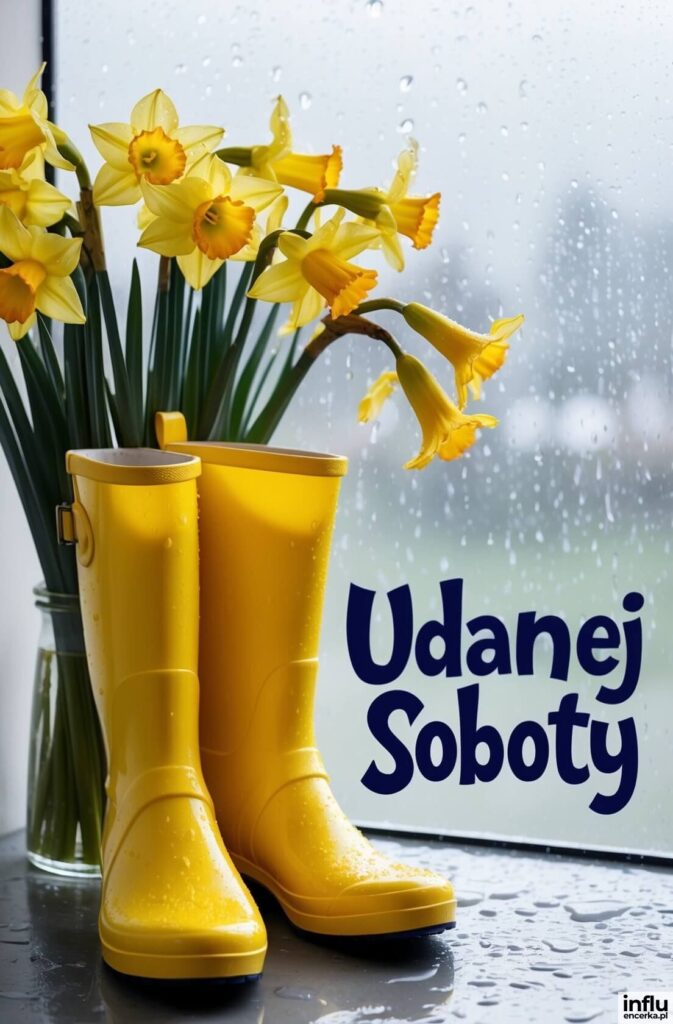 Żółte kalosze i bukiet narcyzów na parapecie przy oknie pokrytym kroplami deszczu, napis „Udanej Soboty”