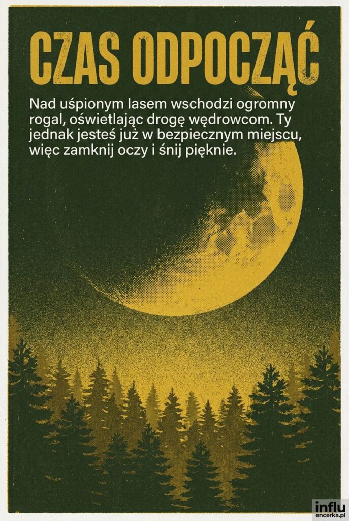 Kartka riso przedstawiająca ogromny księżyc nad lasem i nagłówek „Czas odpocząć”.