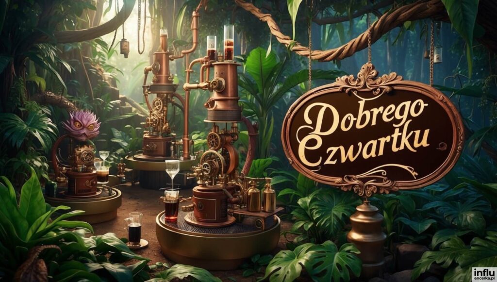 Steampunkowa maszyna do parzenia kawy pośród dżungli z tabliczką „Dobrego Czwartku”