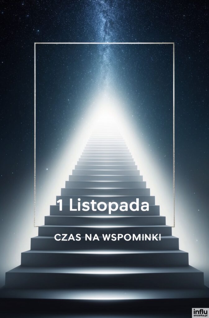 Jasno oświetlone schody biegnące ku rozgwieżdżonemu niebu z napisami „1 Listopada”