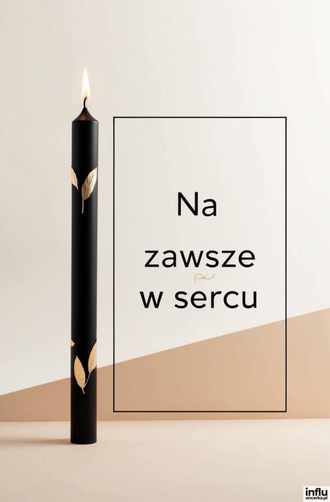 Czarna świeca ze złotymi liśćmi na jasnym tle obok ramki z napisem „Na zawsze w sercu”