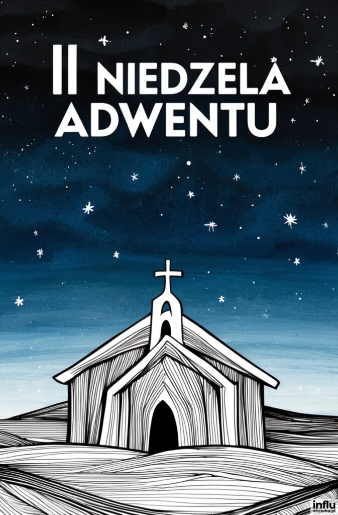 Ilustracja tuszem przedstawiająca kościółek z krzyżem na tle granatowego gwiaździstego nieba z napisem „II Niedziela Adwentu”