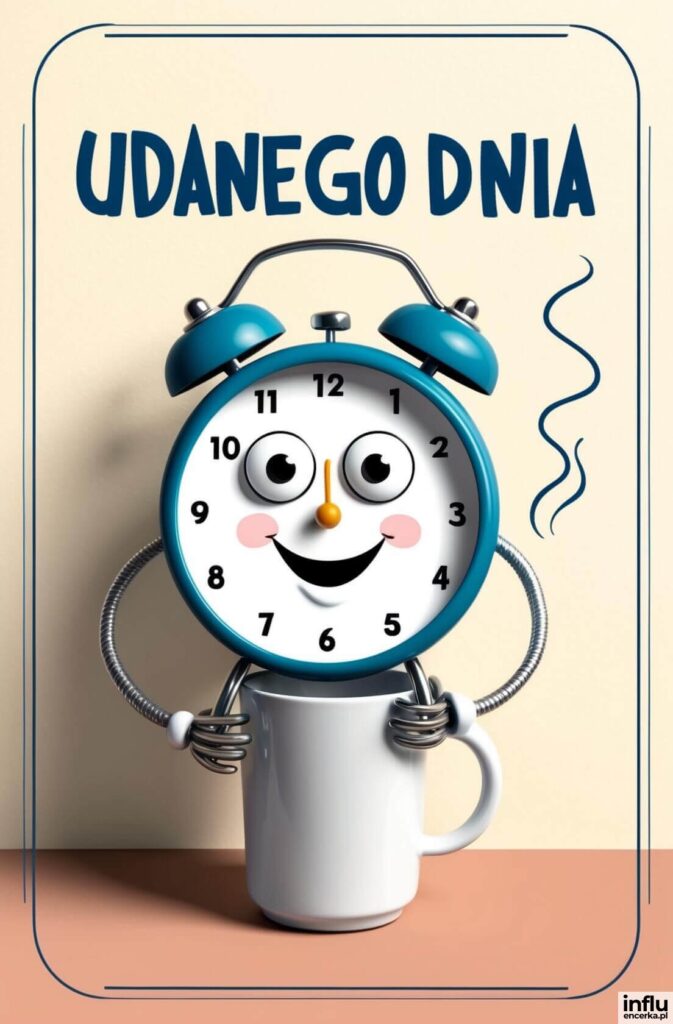 Uśmiechnięty budzik w niebieskiej obudowie trzyma biały kubek, obok unosi się para; napis „Udanego dnia”