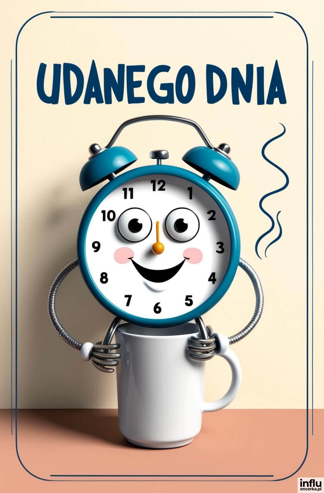 Kartka, uśmiechnięty budzik z kubkiem kawy
