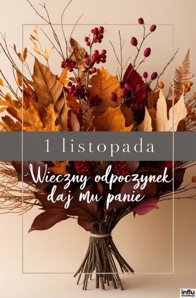 Kartka na 1 listopada z bukietem suszonych kwiatów na święto wszystkich zmarłych