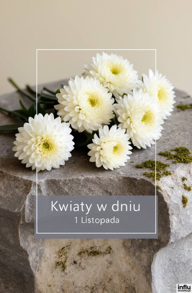 Białe chryzantemy ułożone na kamiennym postumencie z napisem „Kwiaty w dniu 1 Listopada”